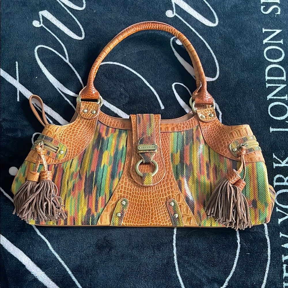 Vintage Sharif Cognac Leather Shoulder Bag with Fringe and Tapestry